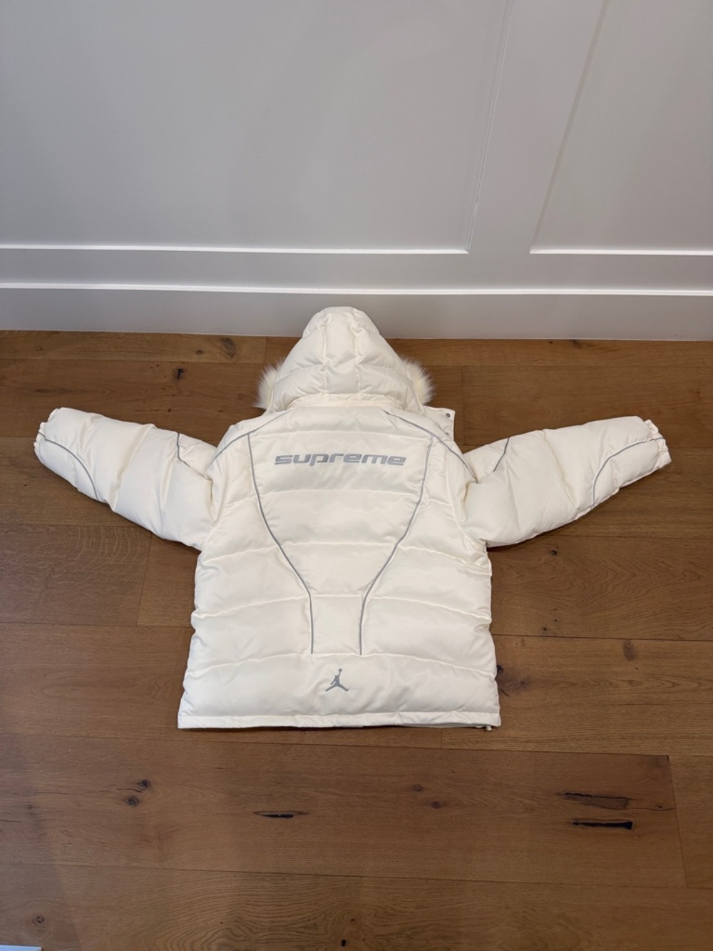 Jordan x Supreme White Puffer Jacket with Fur-Trim Hood